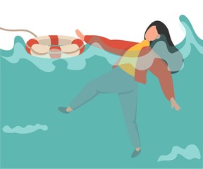 Young woman drowning in water, she can't swim, she is shocked. Girl raising hand up for needing help. She is thrown a life buoy.