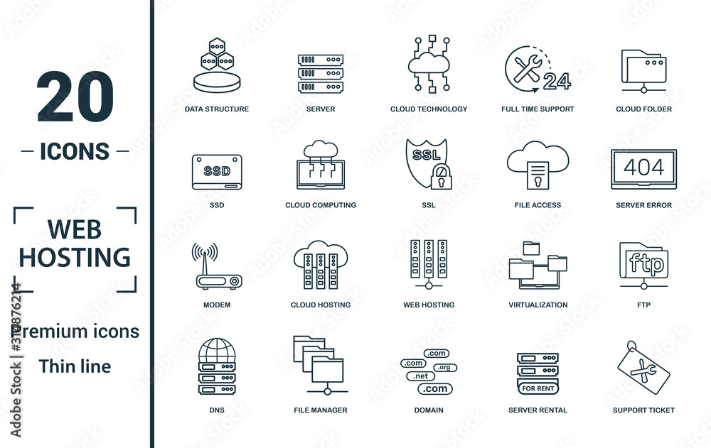 Poster web hosting icon set. include creative elements data structure, cloud technology, ssd, file access, 