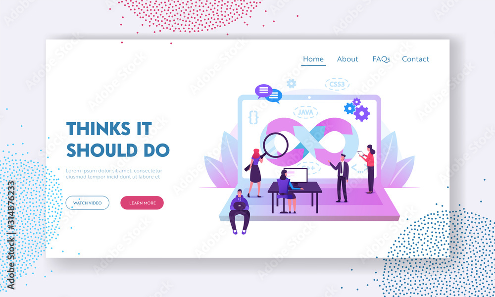 Poster devops specialists work collaboration website landing page. programmers and businesspeople at huge l
