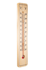 Closeup photo of wooden thermometer on white background