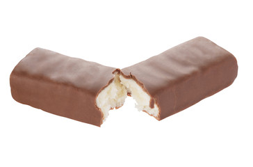 Chocolate bar with coconut filling. Isolated on a white background. Cut using a path. Full depth of field.