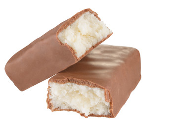 Chocolate bar with coconut filling. Isolated on a white background. Cut using a path. Full depth of field.