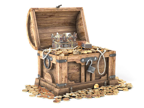 Open treasure chest filled with golden coins, gold and jewelry isolated on white background.