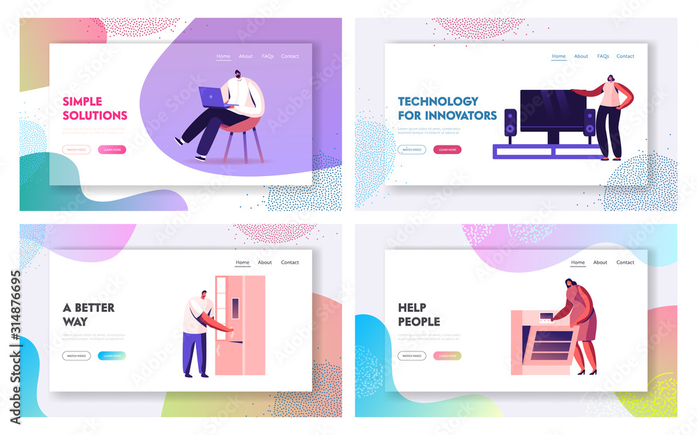 Aufkleber smart house wireless technology system website landing page set. people using home devices with inte