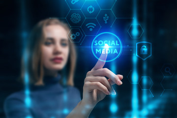 Business, Technology, Internet and network concept. Young businessman working on a virtual screen of the future and sees the inscription: Social media