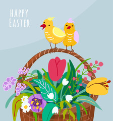 Happy easter greeting card with flower basket, two chickens on the handle of the pottle. Spring vector illustration with springtime floral plants color tulips, snowdrops, chamomile, grass