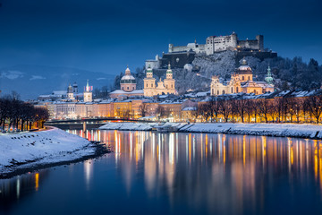 Naklejka na ściany i meble Salzburg old town at twilight in winter, Austria