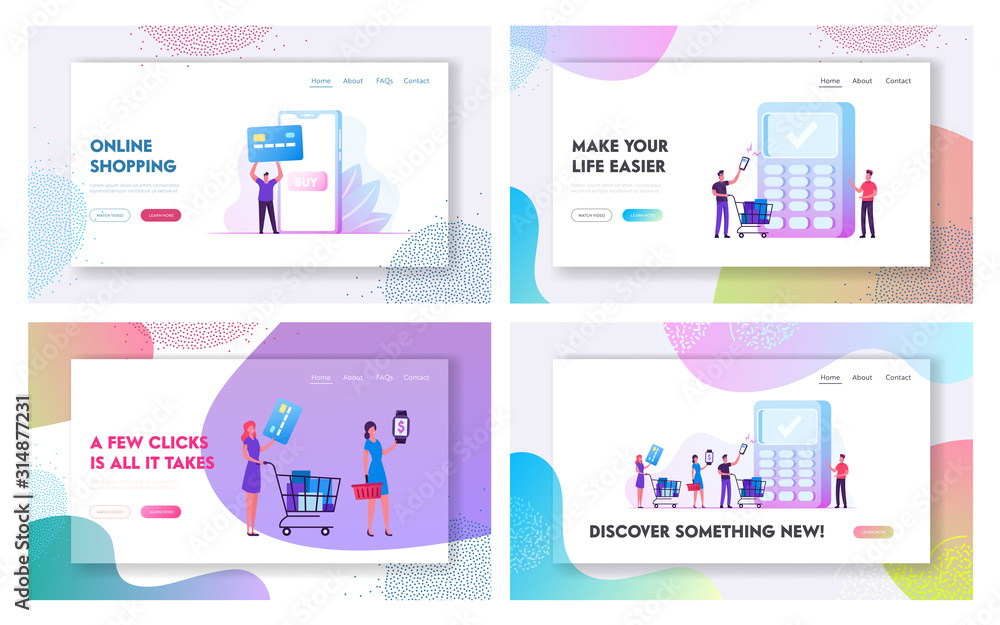 Aufkleber payment with mobile phone and card website landing page set. customers use smart devices for paying.