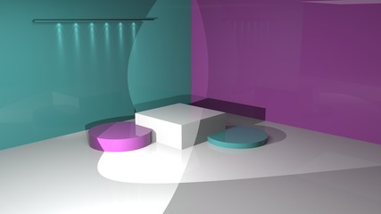 podium with pastel-colored spotlights and small vertical lights on the wall 3d rendering