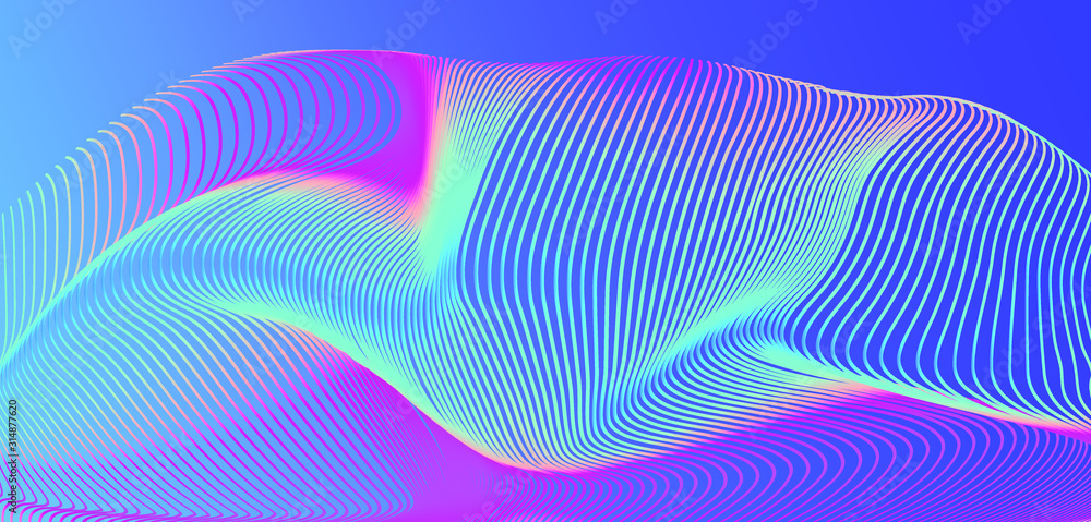 Poster abstract holographic background with glitched wavy surface of lines. retrofuturistic vaporwave and s