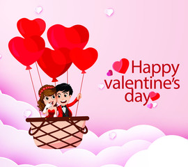 Happy Valentine's day Illustration with a cute couple in a ballon - vector