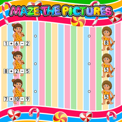 Worksheet with exercises for children on addition and subtraction. Solve counting and connecting to each result