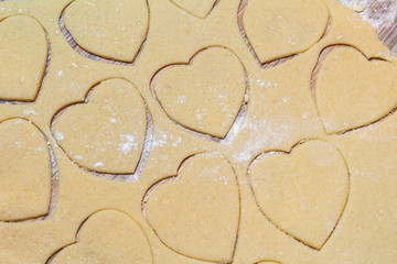 Hearts shape cookies cooking process. Valentines day gift preparation dating.