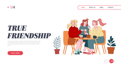 Female Friendship Website Landing Page. Girls Friends Company Sitting in Cafe Chatting and Drinking Coffee with Pastry and Bakery. Weekend Recreation Web Page Banner. Cartoon Flat Vector Illustration