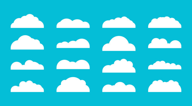 Set of diffenrent cloud icons in flat design isolated on blue background. Cloud symbol for your web etc