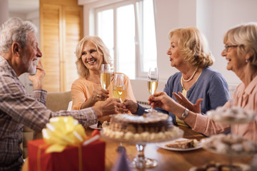 Happy mature people talking while toasting on Birthday party at home.