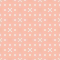 Vector minimalist floral geometric seamless pattern. Simple abstract texture with small flowers, crosses, stars. Subtle pink and beige background. Cute repeat design for decoration, textile, wallpaper