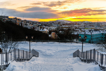 Murmansk, Russia - January, 5, 2020: landscape with the .image of Murmansk, the largest city in the Arctic, during the polar night