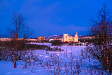 Naklejka na ściany i meble Murmansk, Russia - January, 5, 2020: landscape with the .image of Murmansk, the largest city in the Arctic, during the polar night