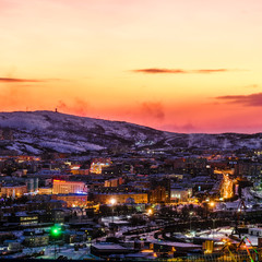 Murmansk, Russia - January, 5, 2020: landscape with the .image of Murmansk, the largest city in the Arctic, during the polar night