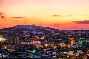 Murmansk, Russia - January, 5, 2020: landscape with the .image of Murmansk, the largest city in the...