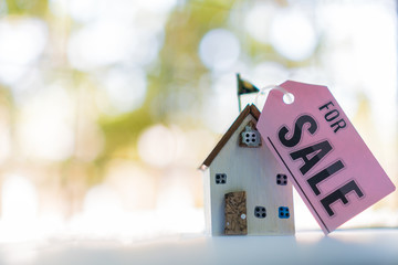 Home for sale and real estate mortgage concept: DIY little house model with tag paper 