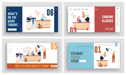 Obraz na płótnie Canvas Culinary Show, Master Class Recording in Studio Website Landing Page Set. People in Chef Uniform Performing to Cook Different Dishes on Video Camera Web Page Banner. Cartoon Flat Vector Illustration