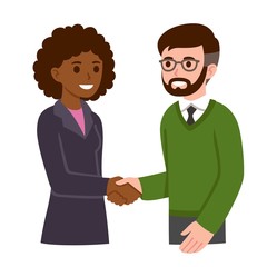 Cartoon man and woman shaking hands