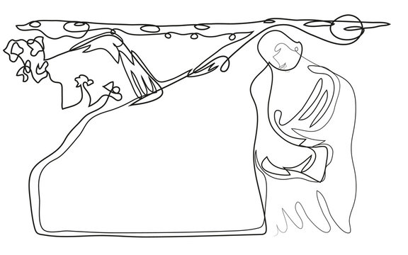 recommend clip art: One continuous line drawing of buddhist monk and nature. Simple line art drawing of buddhist monk with mountains.