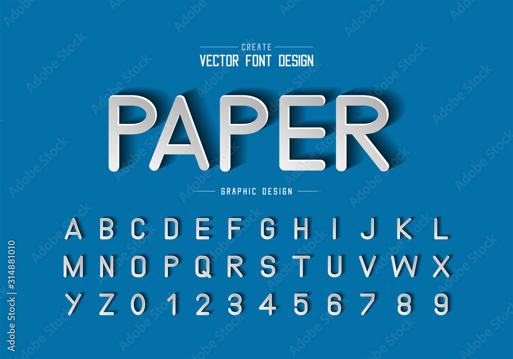 Poster font paper cut and alphabet vector, script typeface letter and number design