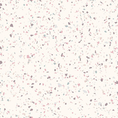 Terrazzo marble flooring seamless pattern. Vector texture of mosaic floor with natural stones, granite, marble, quartz, limestone, concrete. Polished rock surface. White background with colored chips