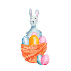 Watercolor easter illustration. easter rabbit with eggs  in backet composition isolated on white background. Greeting card, poster. easter holidays. For your design