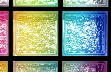 Panel rainbow gradient colors light transparent square mirror glass block cube and window panel with tiles texture and circle bubble pattern. Arrange in grid box. Use for backdrop and material.
