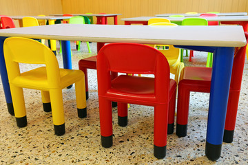 chairs and small tables in a refectory room of a kindergarten
