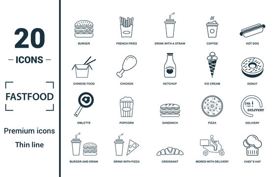 Fastfood Icon Set. Include Creative Elements Burger, Drink With A Straw, Donuts, Chicken Leg, Delivery Icons. Can Be Used For Report, Presentation, Diagram, Web Design