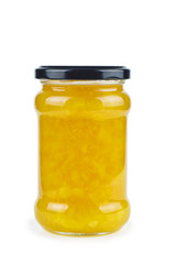 Glass jar with maules quince (Chaenomeles japonica) jam isolated on white background