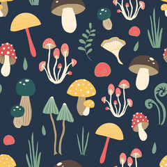 Cute vector pattern with mushrooms in the forest