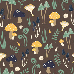 Brown vector pattern with mushrooms in the forest
