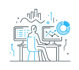 Businessman at workplace interface of monitor. Workflow, growth, graphics. Business development, milestones, start-up. linear illustration Icons infographics. Landing page site print poster. 