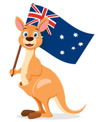 Kangaroo holds the flag of Australia on a white background. Character, Australia day