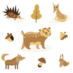 Cartoon forest animals characters set. Set of woodland animals illustration. Bunny, rabbit, fox, bear, wolf, hedgehog. Isolated on white background. Stock Vector illustration