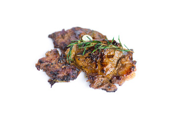 grilled beef steak and rosemary isolated on white background