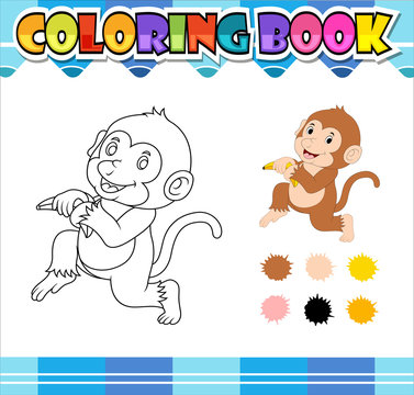 coloring book monkey holding banana cartoon