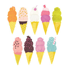 Ice cream in a cone on a white background. Hand-drawn set with ice cream. Vector illustration.