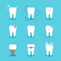 Clean and dirty tooth on blue background. Flat style dental health concept. Set of cartoon teeth. Oral hygiene, teeth cleaning. Vector illustration.