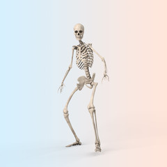 3d illustration of a frightened skeleton steps back against on color background - 314884651