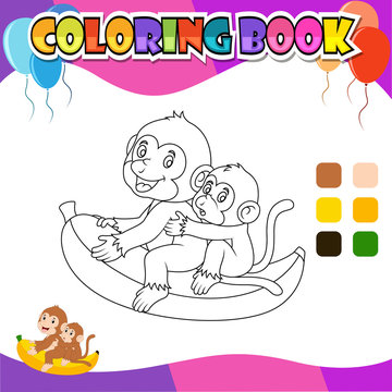 Coloring book monkey riding banana cartoon of illustration