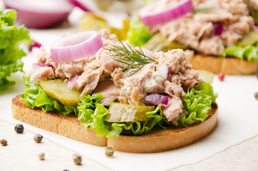 Tuna sandwiches with pickled cucumbers and onions on parchment paper