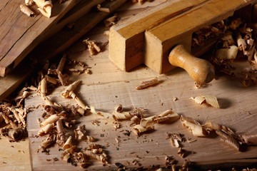 carpenter's tool close-up on a table with shavings