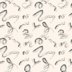 Fototapeta premium Vector seamless pattern with abstract hand drawn brush strokes. Black and white handdrawn texture. Creative graffiti background. Ink lines, swirls, splashes. Simple repeatable monochrome design